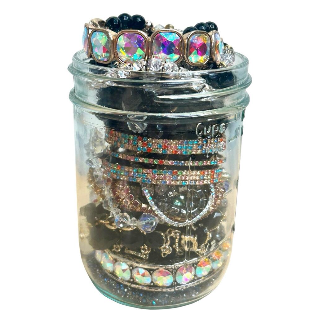 Sparkly Glam Jewelry Jar Mixed Jewelry Lot Good Condition Wearable Mix